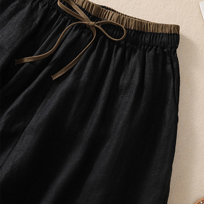Solid Color Contrast Color Waist Lace-up Cotton Linen Women's Shorts With Pockets