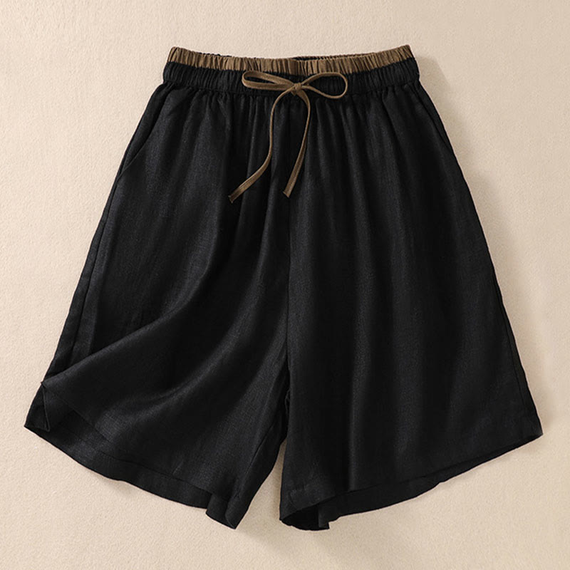 Solid Color Contrast Color Waist Lace-up Cotton Linen Women's Shorts With Pockets