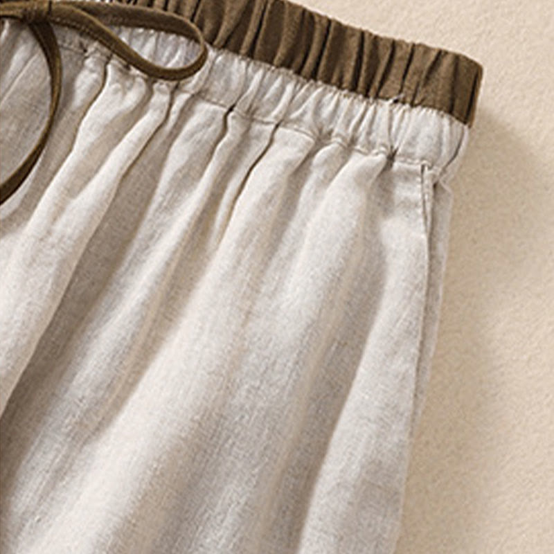 Solid Color Contrast Color Waist Lace-up Cotton Linen Women's Shorts With Pockets