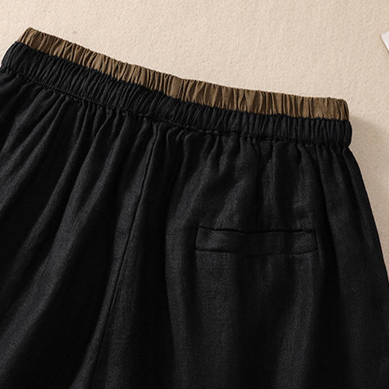 Solid Color Contrast Color Waist Lace-up Cotton Linen Women's Shorts With Pockets