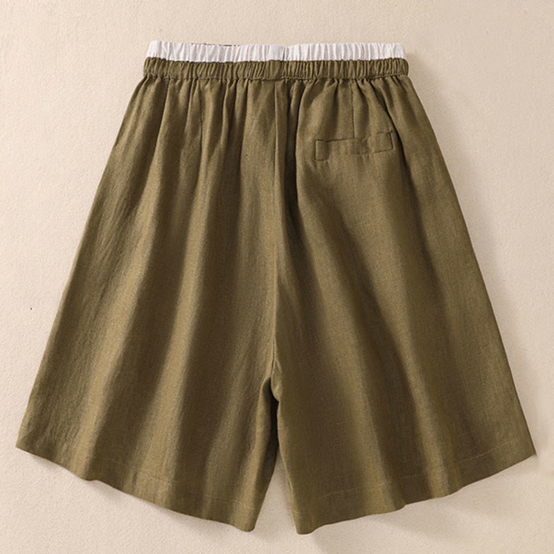 Solid Color Contrast Color Waist Lace-up Cotton Linen Women's Shorts With Pockets