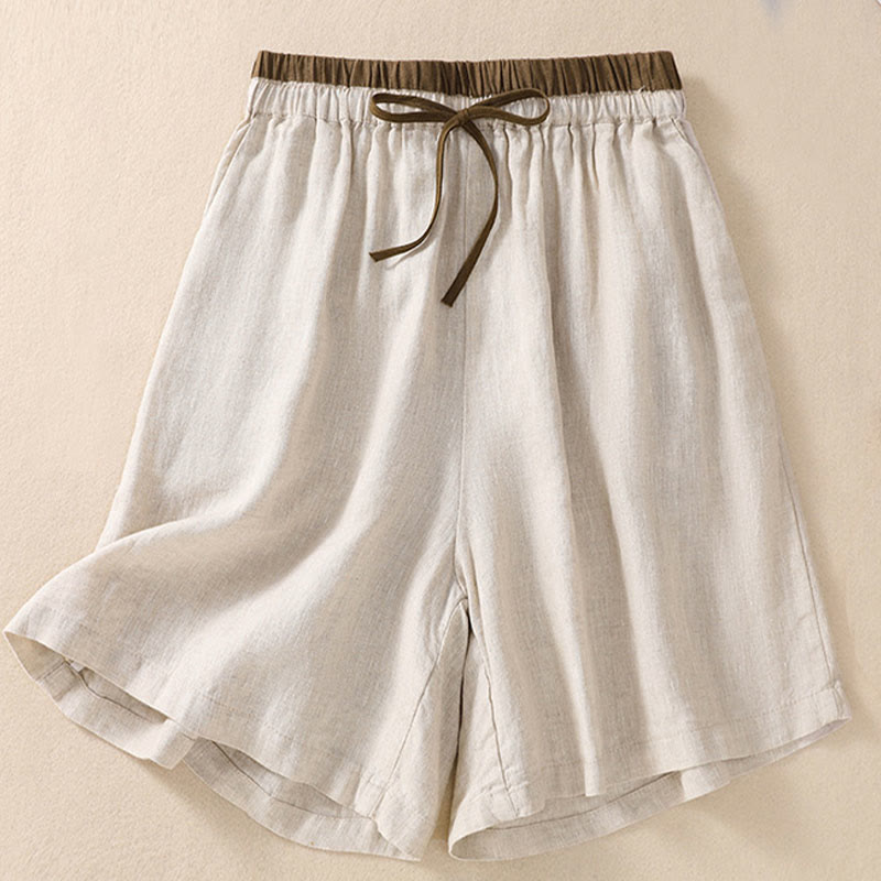 Solid Color Contrast Color Waist Lace-up Cotton Linen Women's Shorts With Pockets
