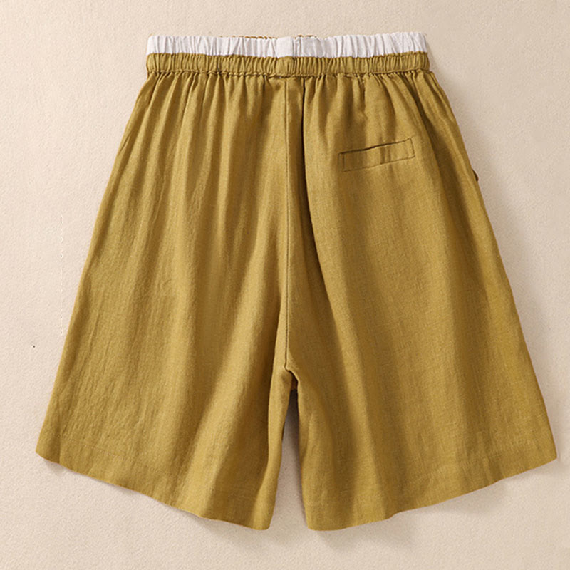 Solid Color Contrast Color Waist Lace-up Cotton Linen Women's Shorts With Pockets