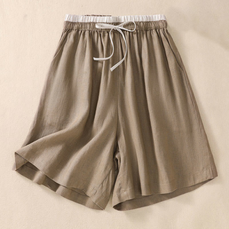 Solid Color Contrast Color Waist Lace-up Cotton Linen Women's Shorts With Pockets