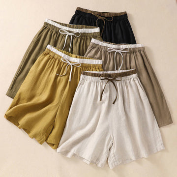 Solid Color Contrast Color Waist Lace-up Cotton Linen Women's Shorts With Pockets