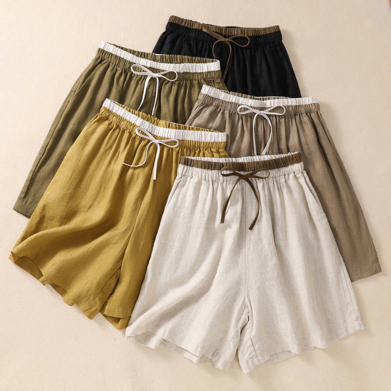 Solid Color Contrast Color Waist Lace-up Cotton Linen Women's Shorts With Pockets