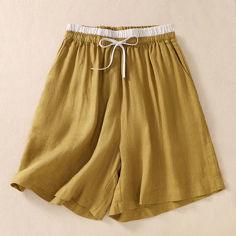 Solid Color Contrast Color Waist Lace-up Cotton Linen Women's Shorts With Pockets