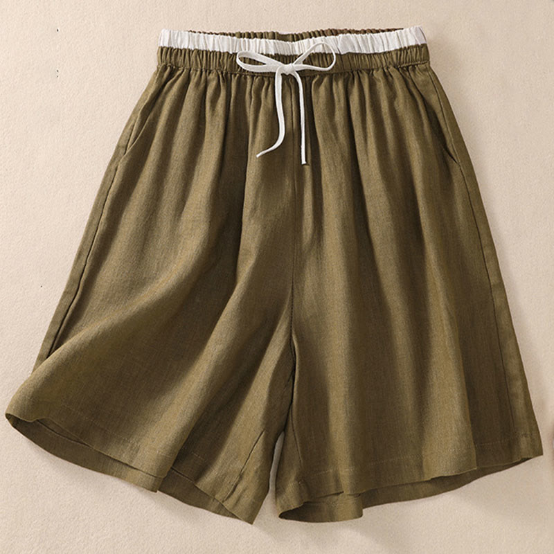 Solid Color Contrast Color Waist Lace-up Cotton Linen Women's Shorts With Pockets