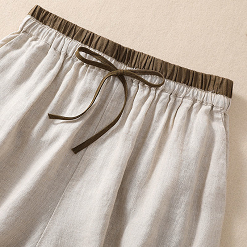Solid Color Contrast Color Waist Lace-up Cotton Linen Women's Shorts With Pockets