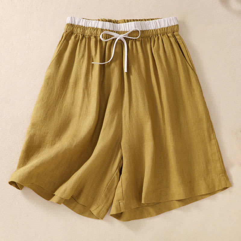 Solid Color Contrast Color Waist Lace-up Cotton Linen Women's Shorts With Pockets