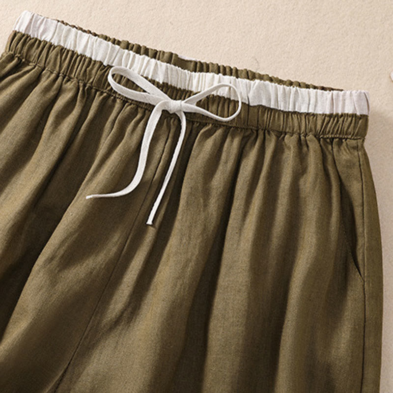 Solid Color Contrast Color Waist Lace-up Cotton Linen Women's Shorts With Pockets
