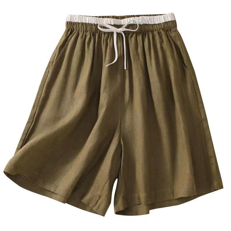 Solid Color Contrast Color Waist Lace-up Cotton Linen Women's Shorts With Pockets