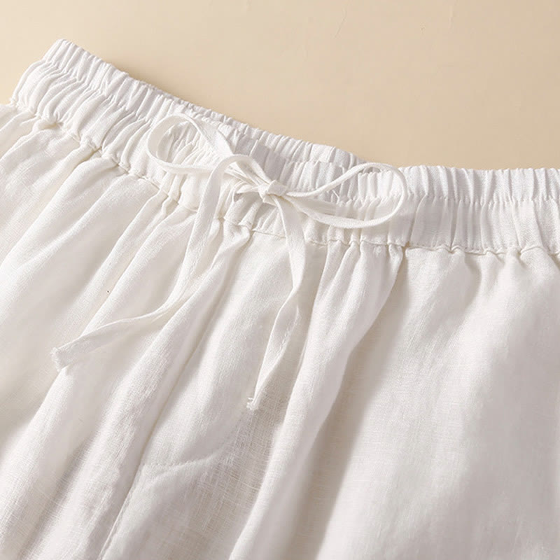 Plain Color Bottom Hollow Lace Design Lace-up Cotton Women's Shorts With Pockets