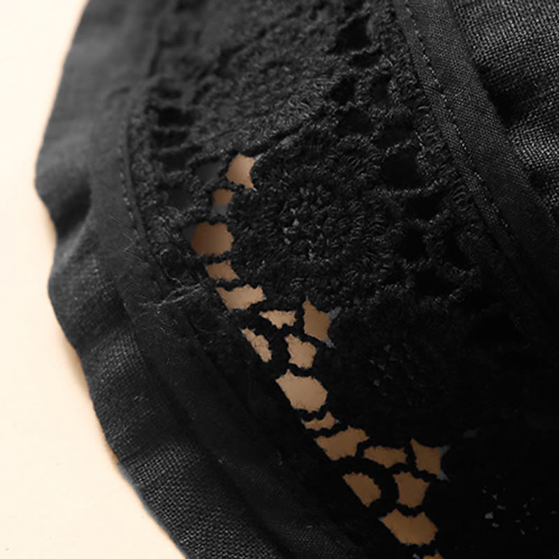 Plain Color Bottom Hollow Lace Design Lace-up Cotton Women's Shorts With Pockets