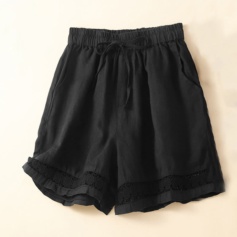 Plain Color Bottom Hollow Lace Design Lace-up Cotton Women's Shorts With Pockets