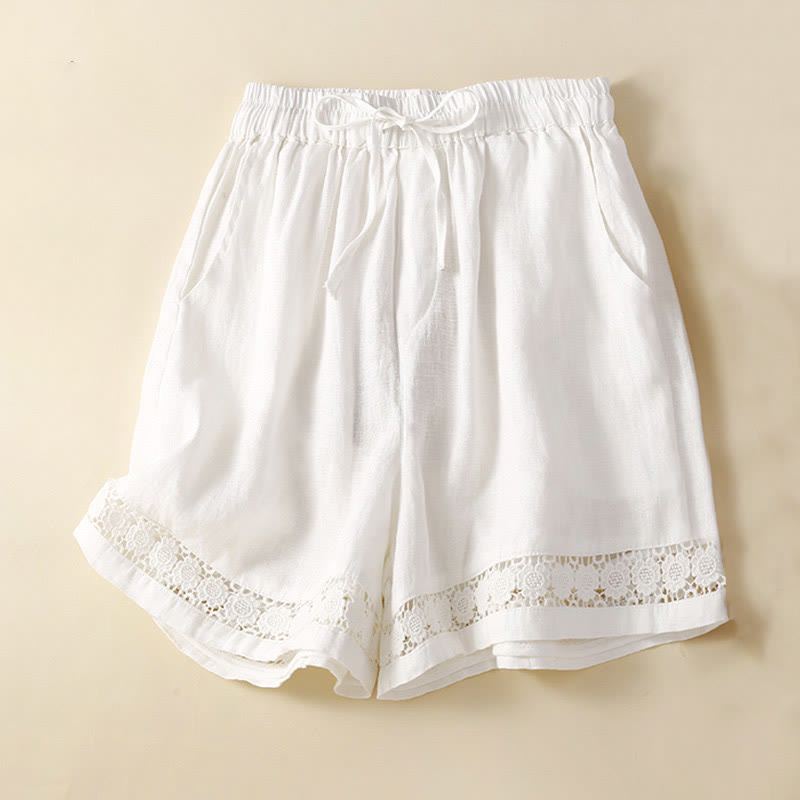 Plain Color Bottom Hollow Lace Design Lace-up Cotton Women's Shorts With Pockets