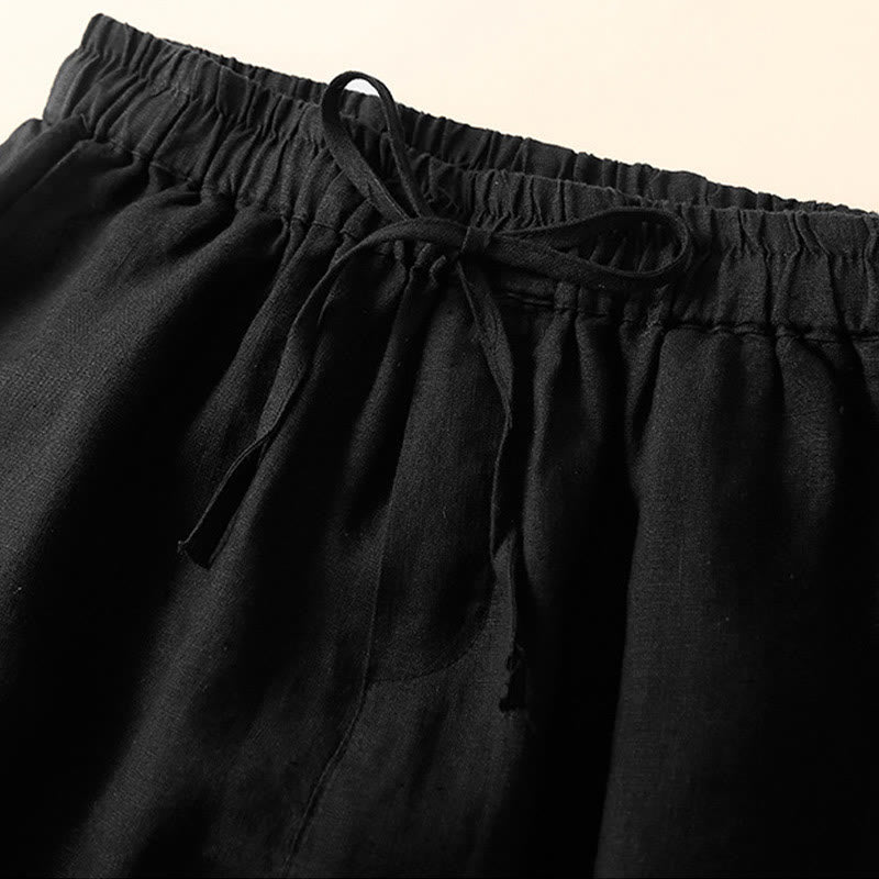 Plain Color Bottom Hollow Lace Design Lace-up Cotton Women's Shorts With Pockets