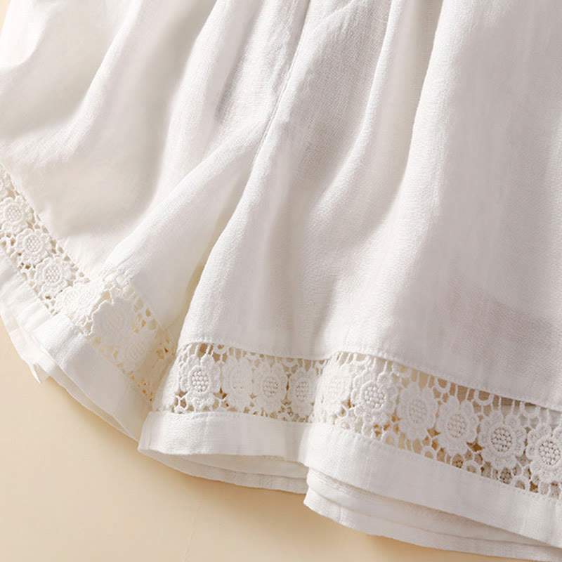 Plain Color Bottom Hollow Lace Design Lace-up Cotton Women's Shorts With Pockets