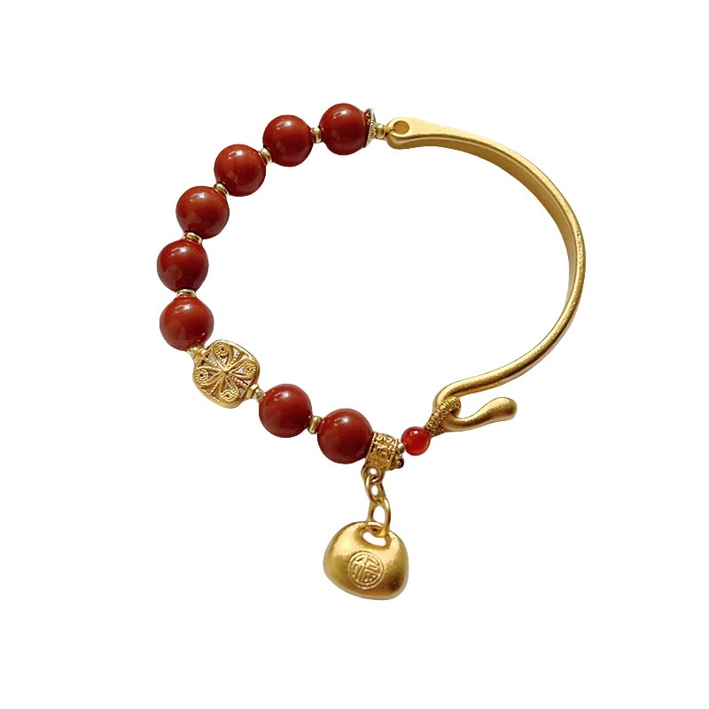 South Red Agate and Gold Sycee Ingot Fu Character Copper Half Bracelet