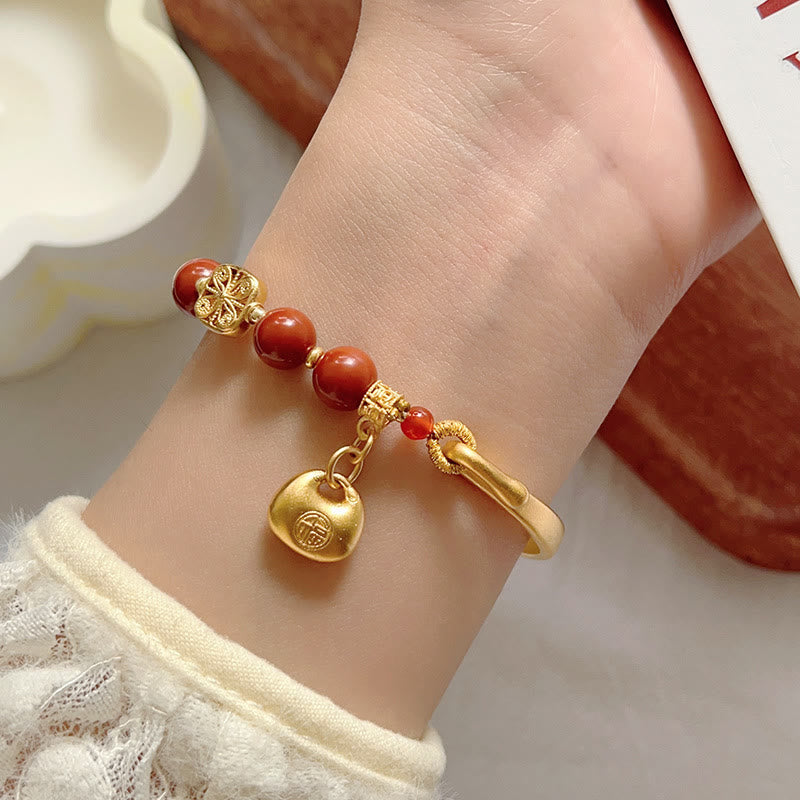 South Red Agate and Gold Sycee Ingot Fu Character Copper Half Bracelet