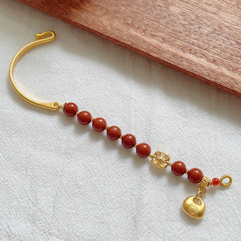 South Red Agate and Gold Sycee Ingot Fu Character Copper Half Bracelet