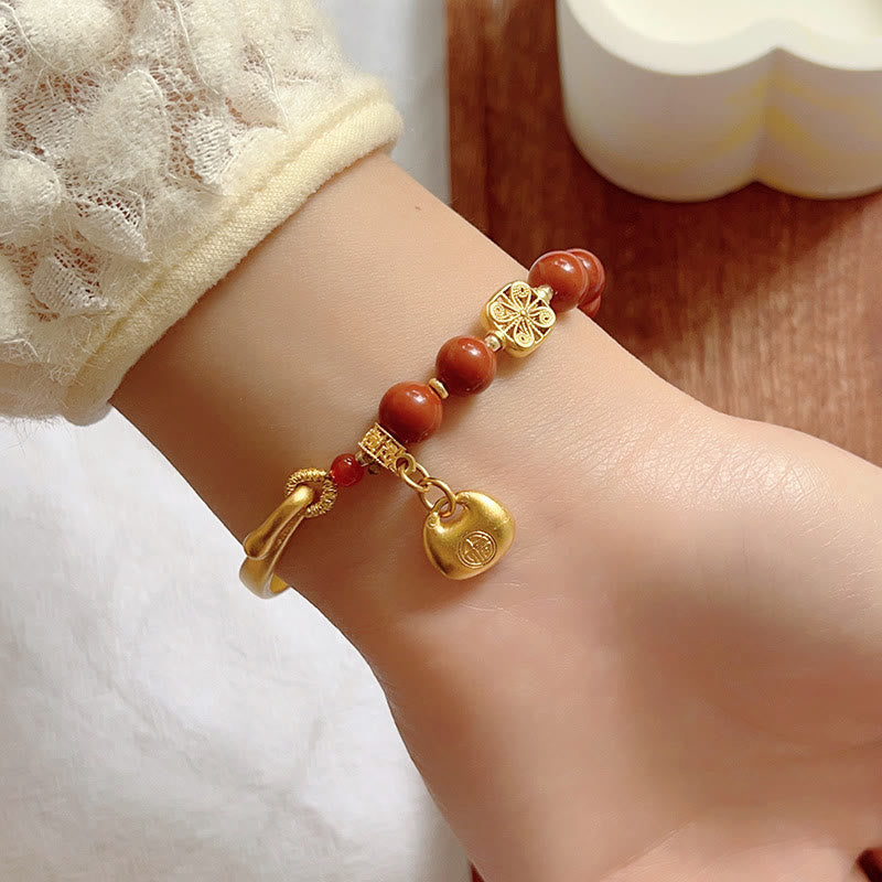 South Red Agate and Gold Sycee Ingot Fu Character Copper Half Bracelet