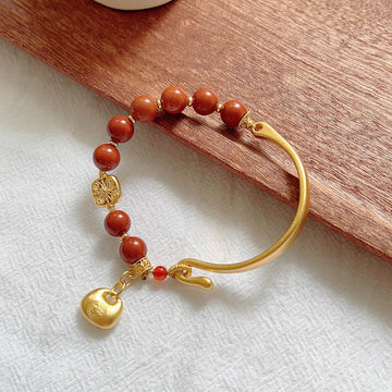 South Red Agate and Gold Sycee Ingot Fu Character Copper Half Bracelet