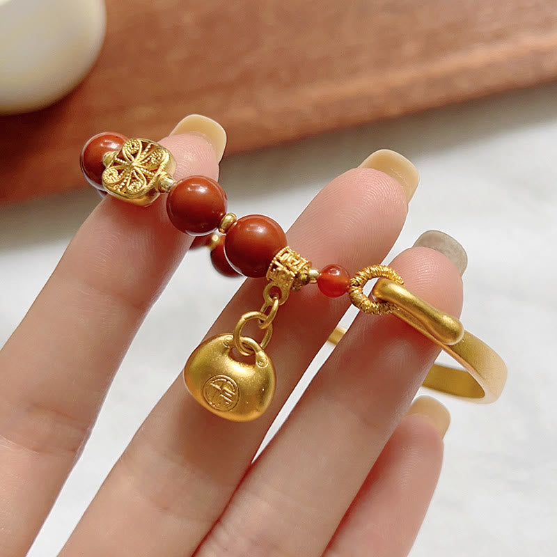 South Red Agate and Gold Sycee Ingot Fu Character Copper Half Bracelet