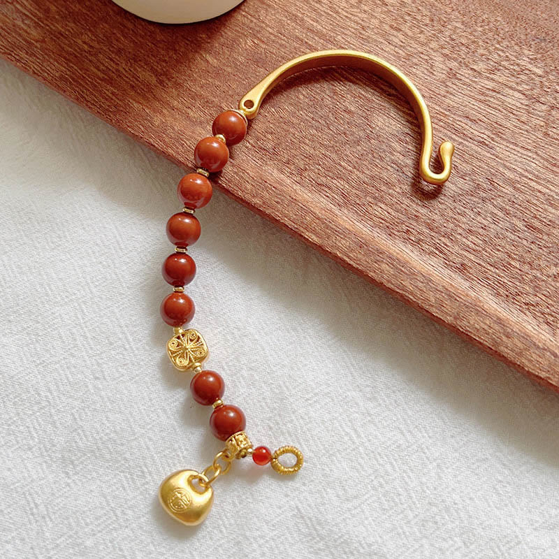 South Red Agate and Gold Sycee Ingot Fu Character Copper Half Bracelet
