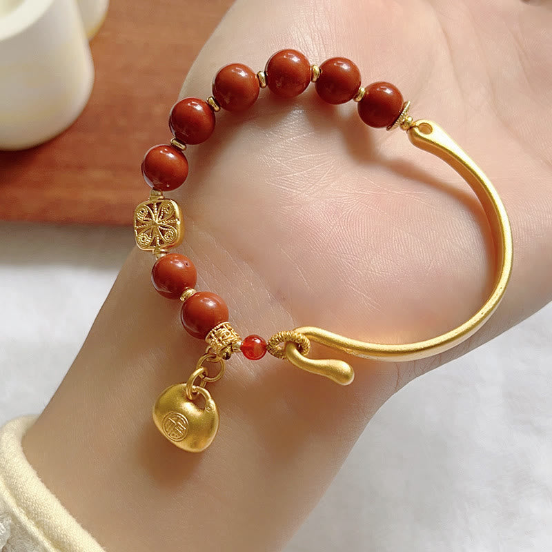 South Red Agate and Gold Sycee Ingot Fu Character Copper Half Bracelet