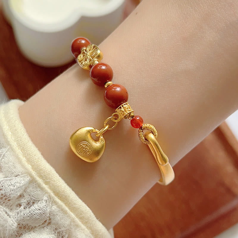 South Red Agate and Gold Sycee Ingot Fu Character Copper Half Bracelet