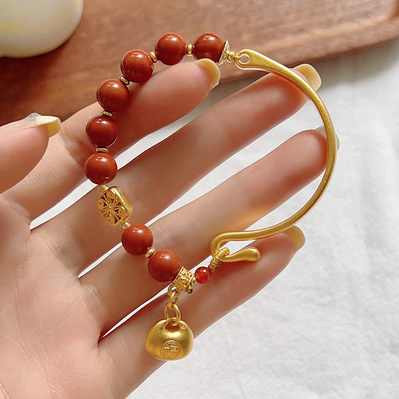 South Red Agate and Gold Sycee Ingot Fu Character Copper Half Bracelet