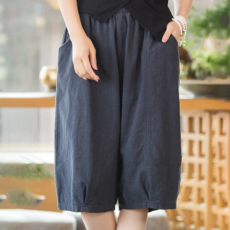 Casual Plain Color Cotton Ramie Women's Shorts With Pockets