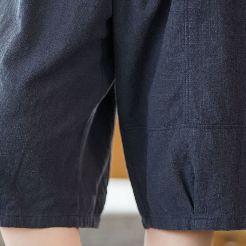 Casual Plain Color Cotton Ramie Women's Shorts With Pockets