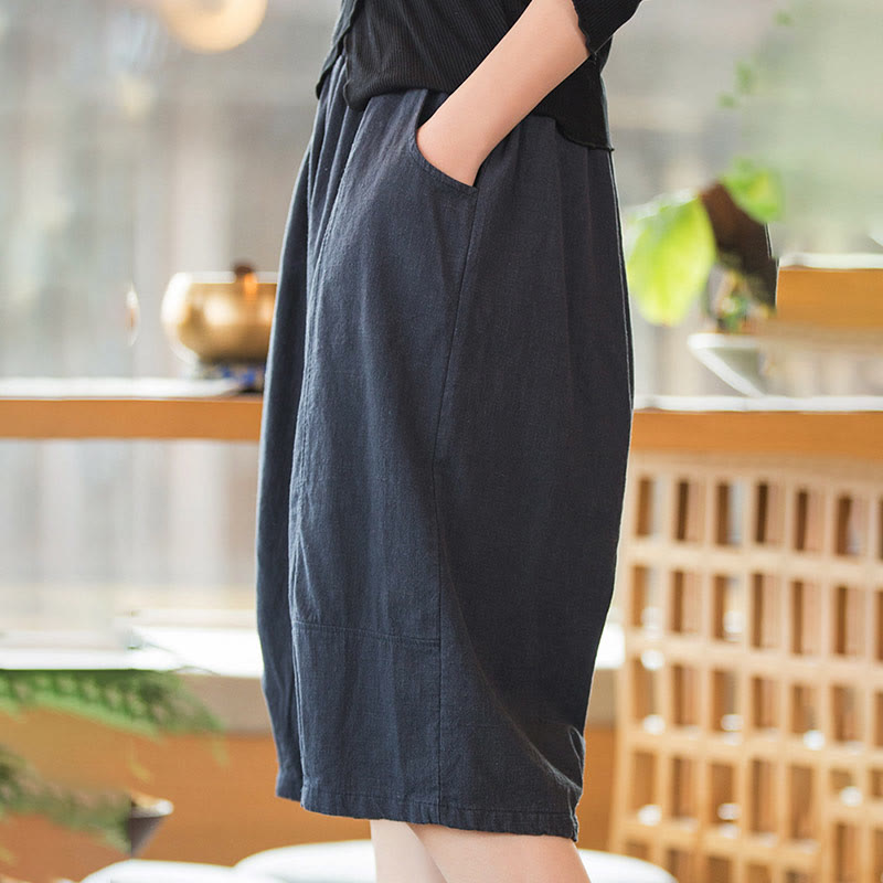 Casual Plain Color Cotton Ramie Women's Shorts With Pockets