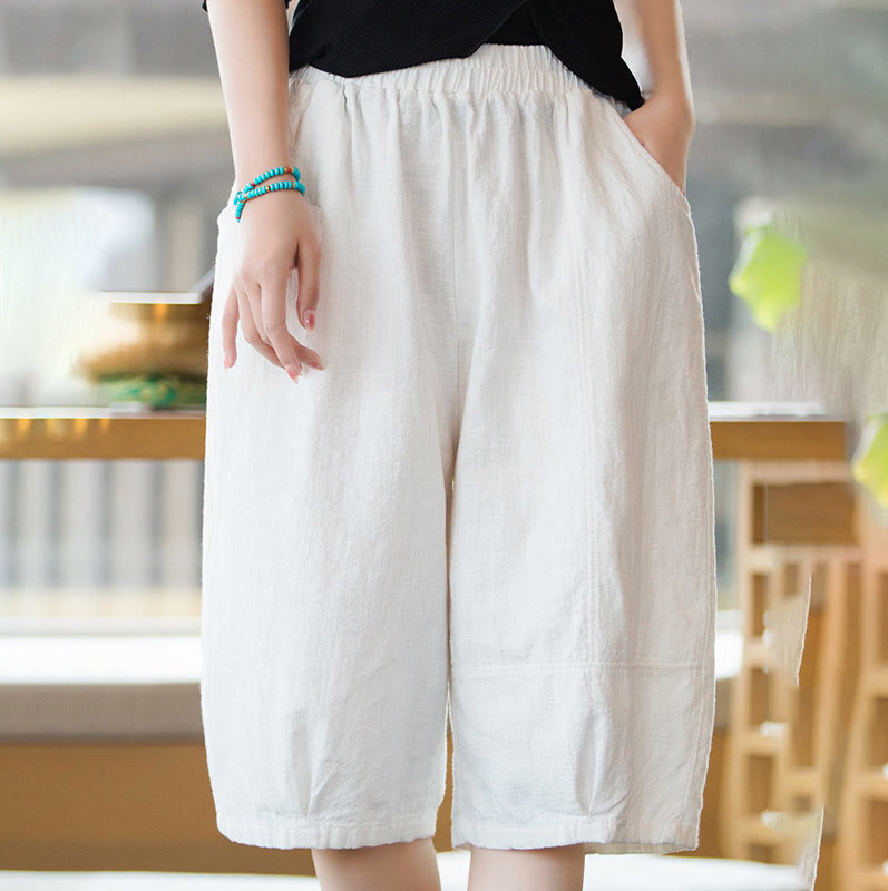 Casual Plain Color Cotton Ramie Women's Shorts With Pockets