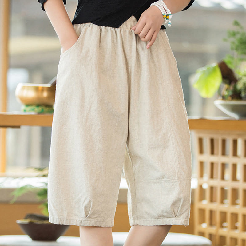 Casual Plain Color Cotton Ramie Women's Shorts With Pockets