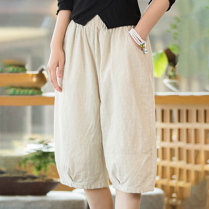 Casual Plain Color Cotton Ramie Women's Shorts With Pockets