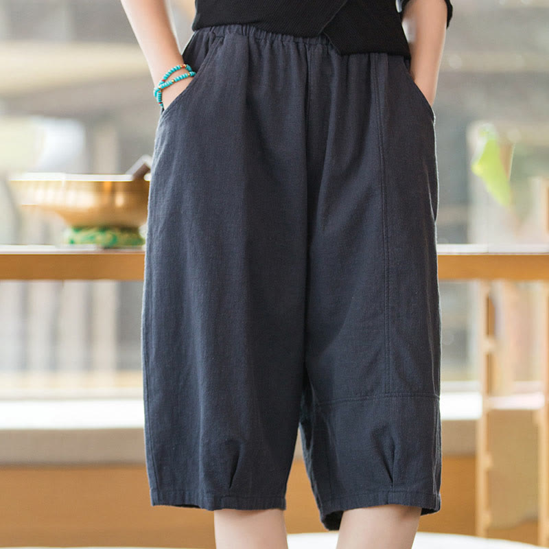 Casual Plain Color Cotton Ramie Women's Shorts With Pockets