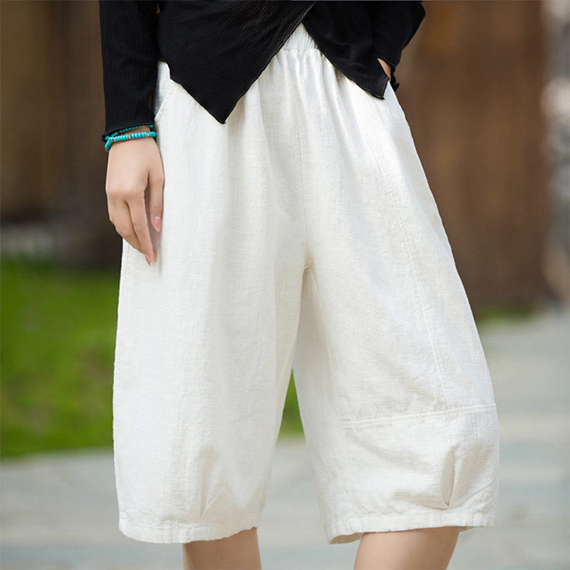 Casual Plain Color Cotton Ramie Women's Shorts With Pockets