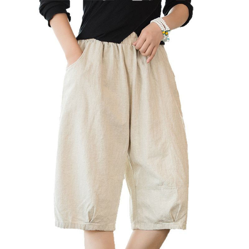 Casual Plain Color Cotton Ramie Women's Shorts With Pockets