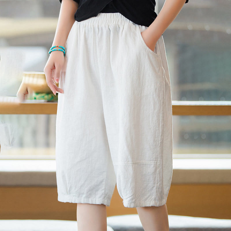 Casual Plain Color Cotton Ramie Women's Shorts With Pockets