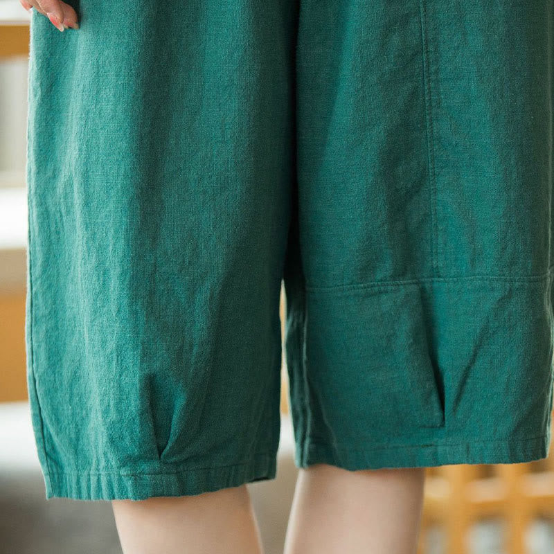 Casual Plain Color Cotton Ramie Women's Shorts With Pockets