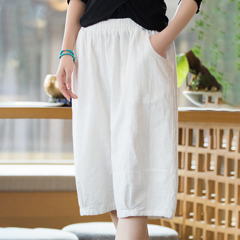 Casual Plain Color Cotton Ramie Women's Shorts With Pockets