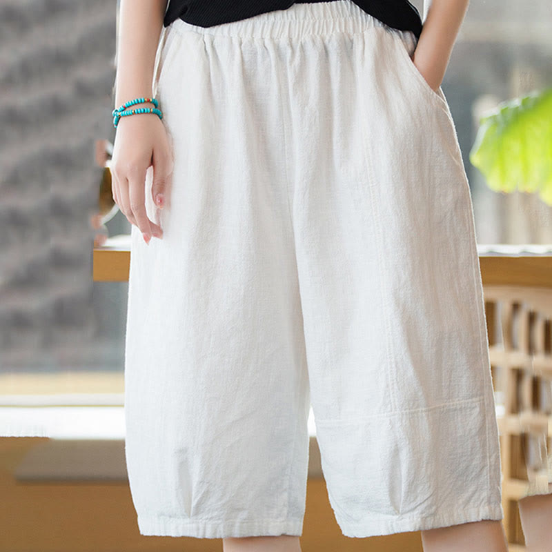 Casual Plain Color Cotton Ramie Women's Shorts With Pockets