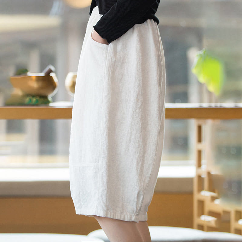 Casual Plain Color Cotton Ramie Women's Shorts With Pockets