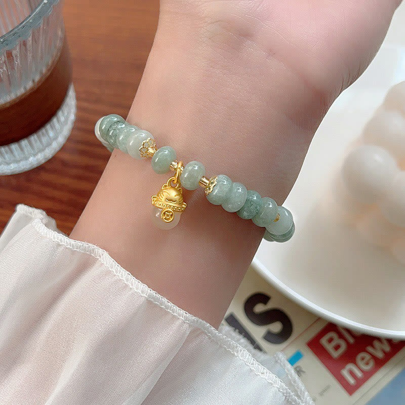 Strawberry Quartz & Cyan Jade Copper Lucky Cat Beaded Bracelet