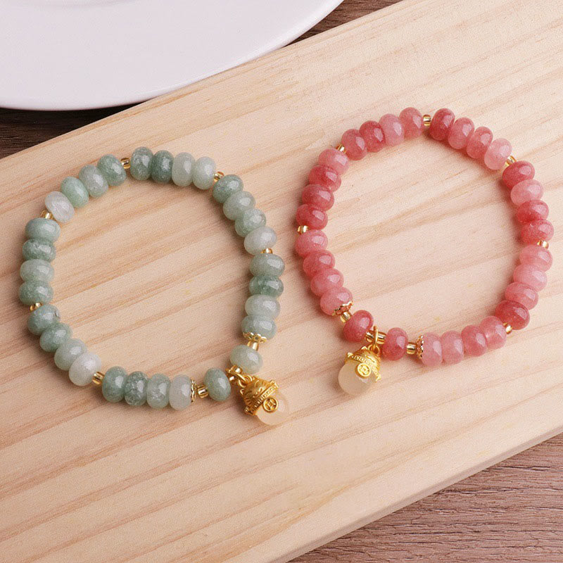 Strawberry Quartz & Cyan Jade Copper Lucky Cat Beaded Bracelet