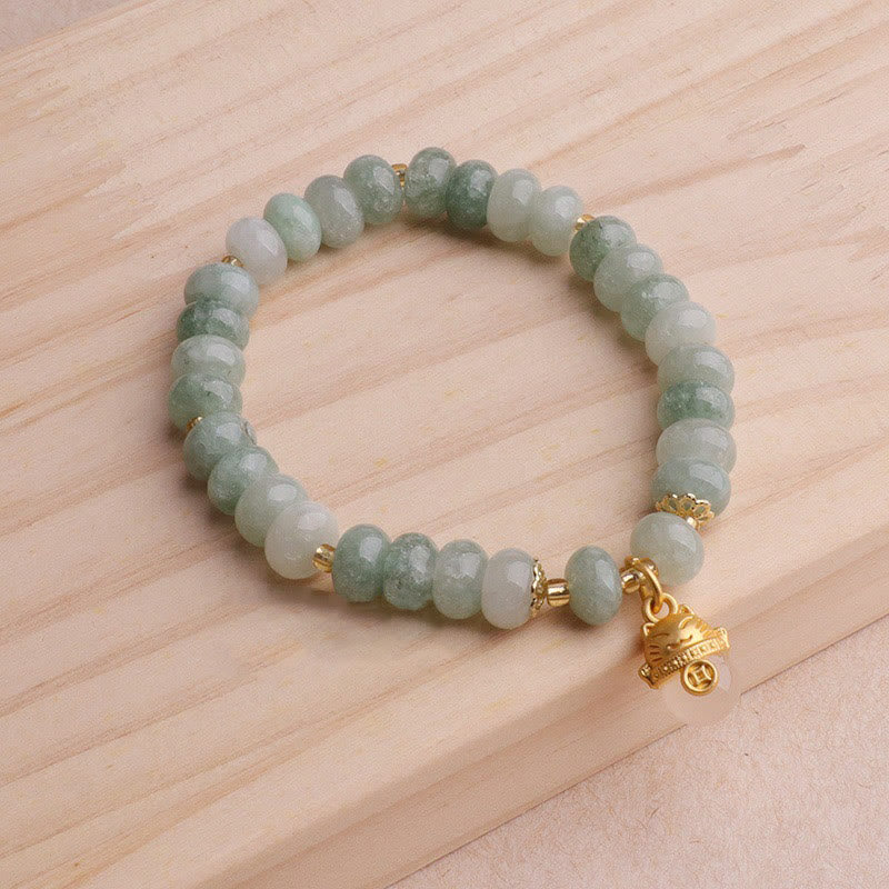 Strawberry Quartz & Cyan Jade Copper Lucky Cat Beaded Bracelet