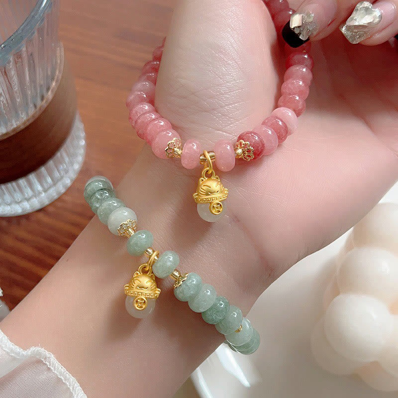 Handmade Cyan Jade & Strawberry Quartz Lucky Cat Beaded Copper Bracelet